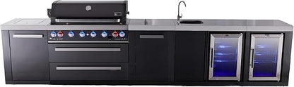 Mont Alpi Black Stainless Steel Premium 157"W Modular Outdoor Kitchen Island with 2 Refrigerators + Beverage Center Faucet & Sink + 44"W 6-Burner BBQ Grill + Side Burner + Storage Cabinets & Drawers