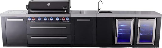 Mont Alpi Black Stainless Steel Premium 157"W Modular Outdoor Kitchen Island with 2 Refrigerators + Beverage Center Faucet & Sink + 44"W 6-Burner BBQ Grill + Side Burner + Storage Cabinets & Drawers