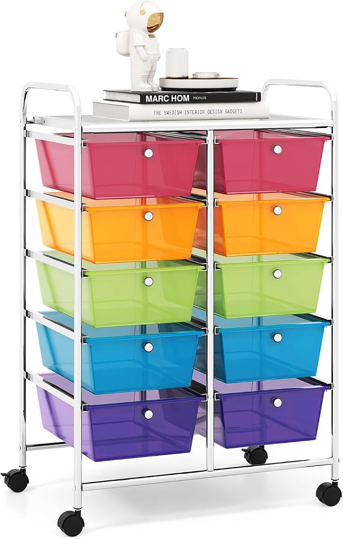 HOMGX Rolling Cart with 10 Drawers, 10 Tiers Multicolor Trolley, Drawer Bin Carts with 2 Lockable Wheels, Adjustable File & Debris Organizer Cart, Rolling Storage Cart for Office, School, Home