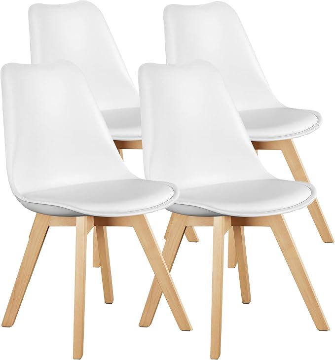OLIXIS Modern Dining Chairs Set of 4, Plastic Kitchen Chairs with Wood Legs and Backrest, Lightweight Side Chair for Bedroom, Living Room, Apartment, White
