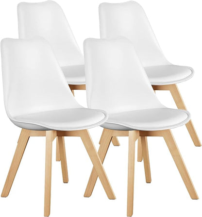 OLIXIS Modern Dining Chairs Set of 4, Plastic Kitchen Chairs with Wood Legs and Backrest, Lightweight Side Chair for Bedroom, Living Room, Apartment, White