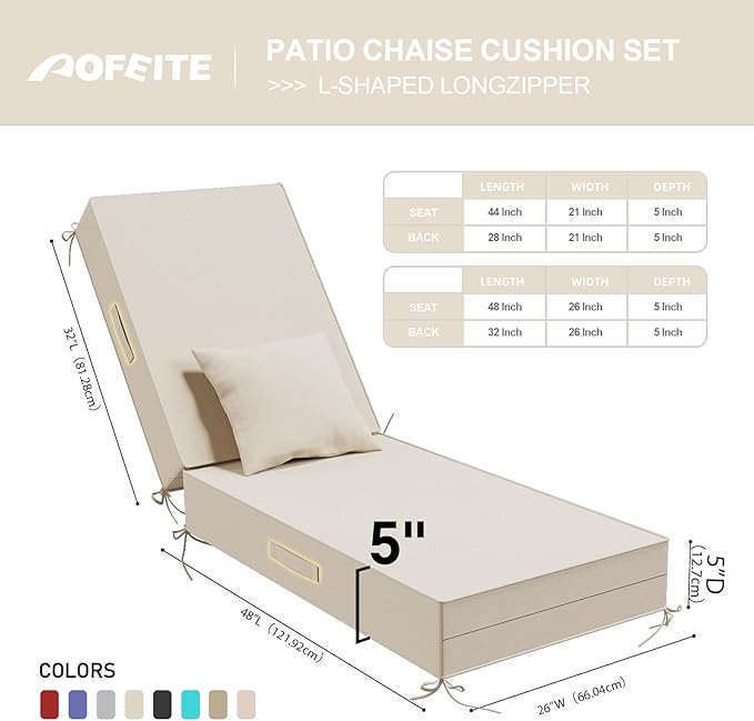 Outdoor Water-Resistant Olefin Chaise Lounge Cushions with Pillow, Weather and Fade Resistant Patio Furniture Lounge Chair Cushion Ideal for Patio, Lawn, Gray Apricot, 80" L x 26" W x 5" T