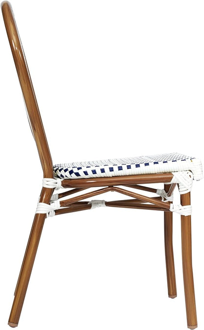 Flash Furniture Lourdes Indoor/Outdoor Commercial Thonet Bistro Stack Chair - White/Navy PE Rattan Back and Seat - Natural Bamboo Print Metal Frame - Set of 2
