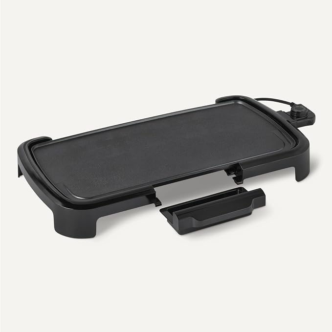 Amazon Basics Electric Griddle with Nonstick Ceramic Coating, Adjustable Temperature, Detachable Dishwasher Safe Plate, Drip Tray, 10 x 20 inches, Black