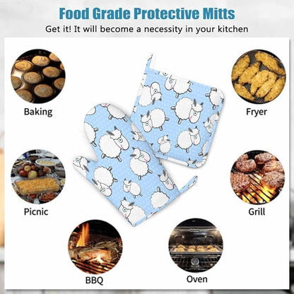 Mxocom Sheep Heat-Resistant Oven Mitts and Pot Holder Cute Animal White Sheep Llama Blue Polka Dots Kitchen Non-Slip Cooking Microwave Gloves for Cooking Baking Grilling