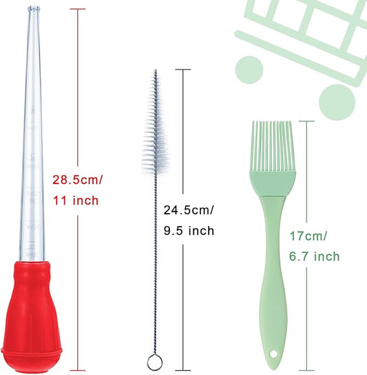 Boao 7 Pcs Heat-resistant Turkey Baster Cooking Set Includes 4pcs Large Turkey Basters for Cooking, 1 Silicone Basting Brush and 2 Cleaning Brush for BBQ Grill Butter Drippings, Glazes, Roasting Juice