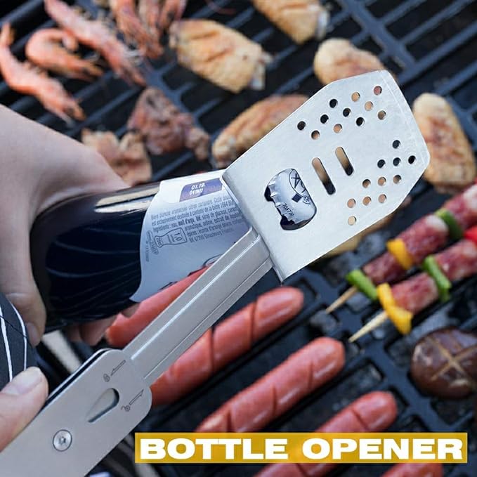 ROXON 4 in 1 Mini Folding BBQ Barbecue Combo Tool Set with Spatula, Fork, Tongs and Bottle Opener for Hiking Camping (Grey)