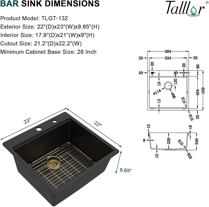 23 Inch Drop In Bar Sink, Matte Black Granite Composite Workstation Single Bowl Small Prep Wet Sink with All-In One Gold Accessories & Cutting Board for RV, Kitchen Bar, and Boat #TLGT-132