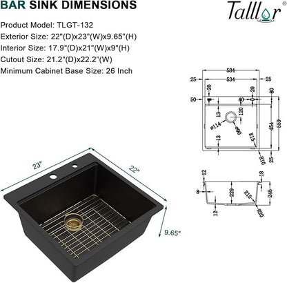 23 Inch Drop In Bar Sink, Matte Black Granite Composite Workstation Single Bowl Small Prep Wet Sink with All-In One Gold Accessories & Cutting Board for RV, Kitchen Bar, and Boat #TLGT-132