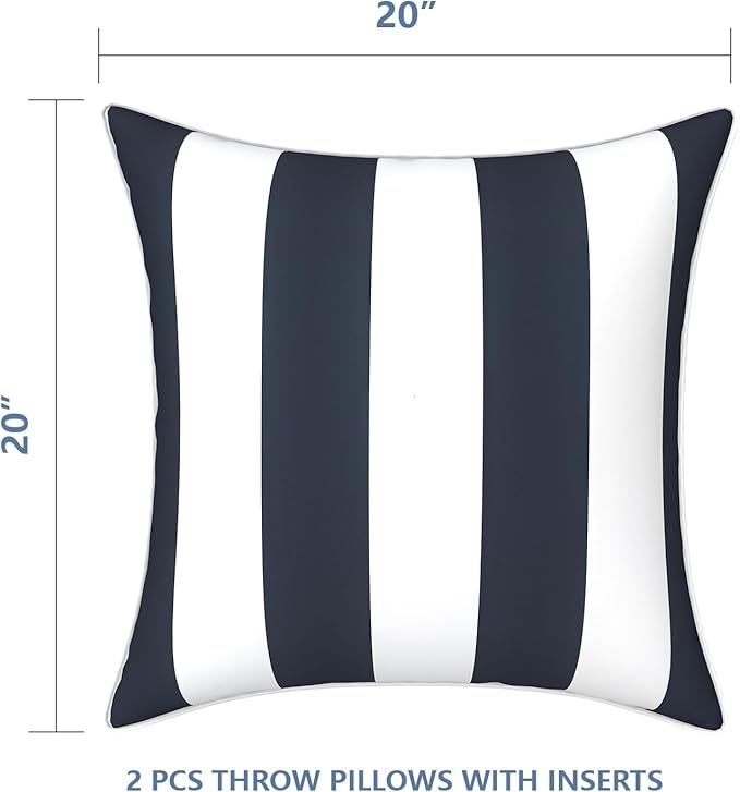 LVTXIII Outdoor Throw Pillows 20x20 Patio Waterproof Square Pillows with Piping Fade Resistant Accent Pillow for Spring Summer Garden Decoration, Set of 2, Cabana Navy