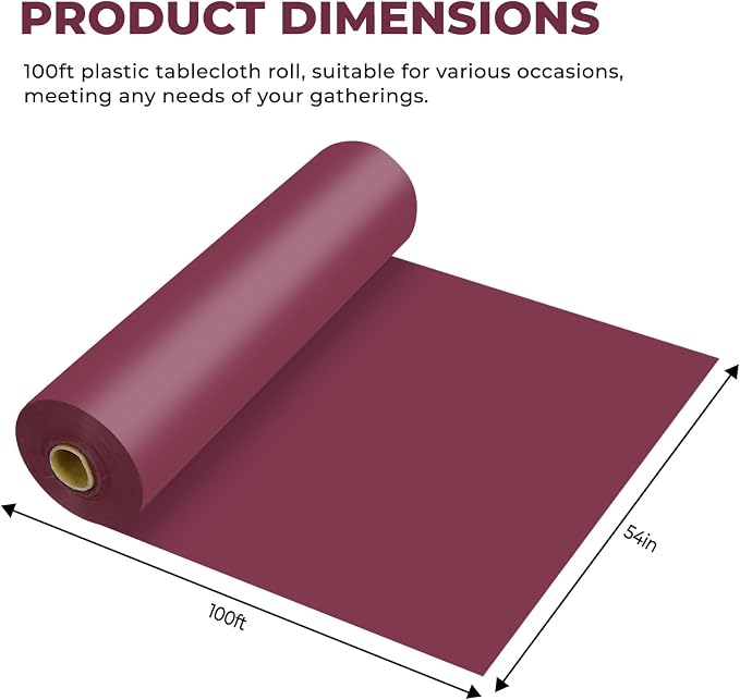 54 Inch X 100 Feet Plastic Table Cover Roll Premium Disposable Plastic Tablecloth for All Type/Shape Tables | Picnic, Party, Banquet, Birthdays, Weddings (Burgundy, 54 Inch X 100 Feet)