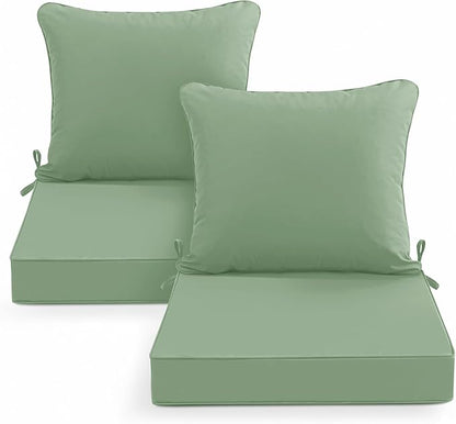 Summsun Outdoor Patio Cushions, 19 x 19 Inch, Sage Green, Set of 2 | Double-Sided Water Resistant, Removable Cover, Back Pillow & Seat Cushion, Tie Straps, Fit for Patio, Garden, Sofa Couch