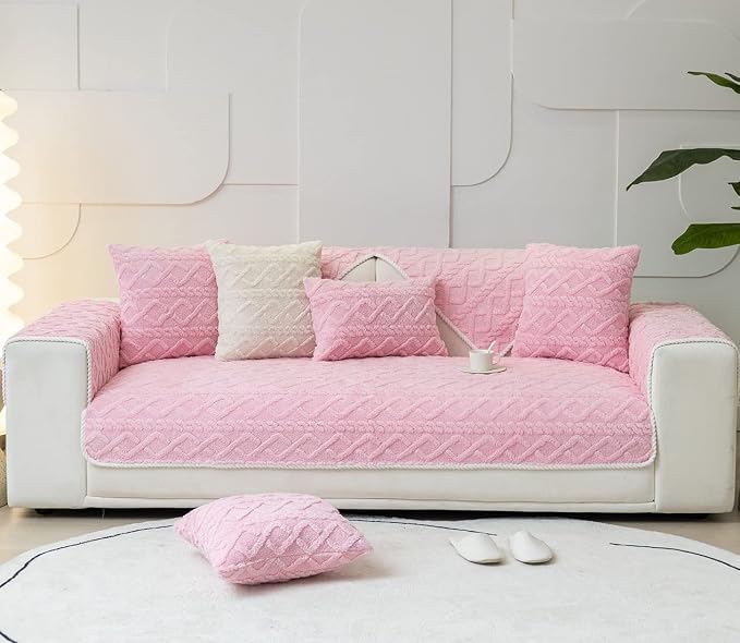 vctops Geometric Jacquard Plush Sofa Couch Covers Farmhouse Neutral Non Slip Sectional Couch Cover Soft Warm Sofa Slipcover for Dogs, Children, Pets Furniture Protector (Pink,28"x70")