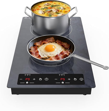 Double Induction Cooktop Portable Electric Cooktop 12 Inch, 110V Induction Burner Hot Plate with Safety Lock, Auto Shutoff Timer Setting, 9 Heating Level and Overheating Protection