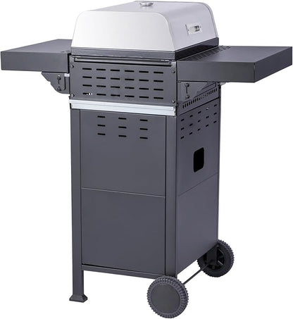 2-Burner Propane Gas BBQ Grill, Pizza Box, 24600BTU Output With Wire Enamel Cooking Grids For Outdoor Barbecue, Foldable Side Table, Hanging Basket, Stainless Steel