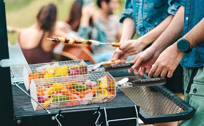 Hexagonal Rolling Grilling Basket Set, 2 PCS Stainless Steel BBQ Grill Baskets with Removable Wooden Handles, Large & Small Nestable Design for Outdoor Camping, Ideal for Vegetables, Meat & Seafood on Gas/Charcoal Grill