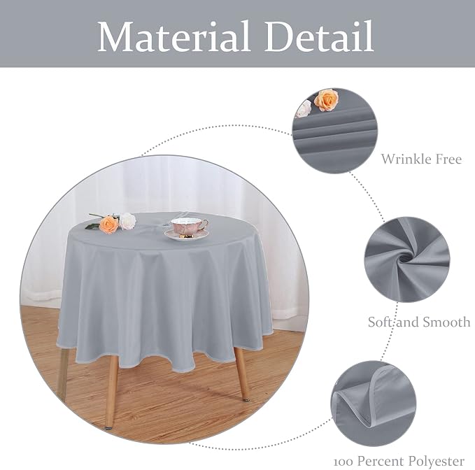 Fitable Outdoor and Indoor Tablecloth, Silver Grey, 70 Inch Round | Washable Waterproof Wrinkle Free Table Cover, Zipper and Umbrella Hole, For Spring Summer Party Picnic Camping Patio