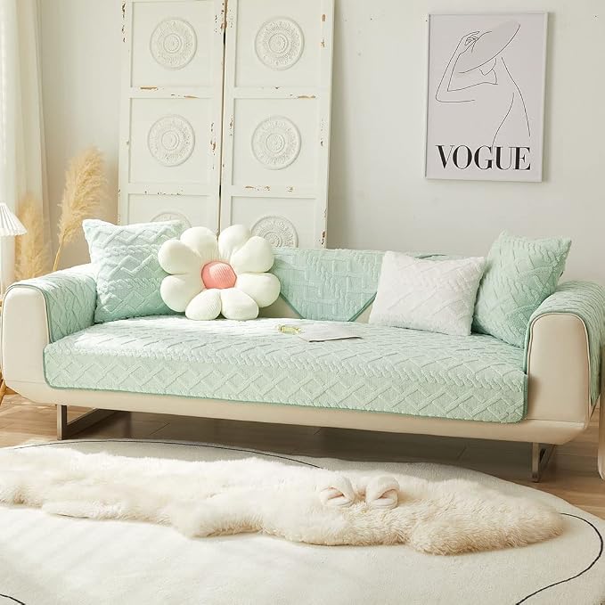 vctops Geometric Jacquard Plush Sofa Couch Covers Farmhouse Neutral Non Slip Sectional Couch Cover Soft Warm Sofa Slipcover for Dogs, Children, Pets Furniture Protector (Green,28"x28")