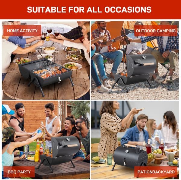 Portable Charcoal Grill, Compact Tabletop BBQ Smoker with Built-in Thermometer and Wooden Carry Handle, Lightweight Small Barbecue for Outdoor Camping, Picnic, Patio, Black