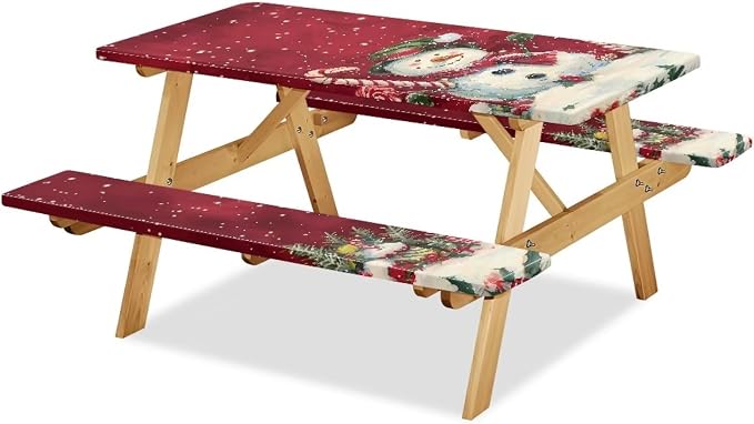 3 PCS Fitted Picnic Table Cover with Bench Cover Fitted Rectangle Tables and Seats Christmas Candy Snowman Outdoor Picnic Table Cover for Camping Red