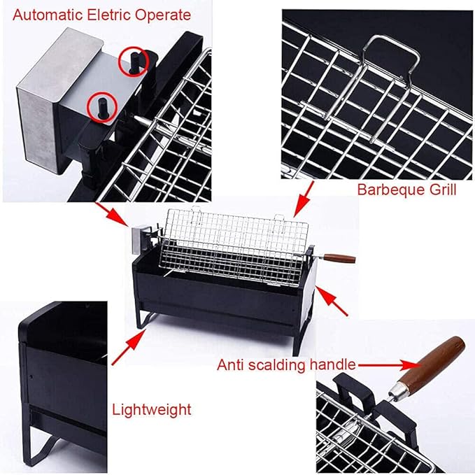 Portable Charcoal Grill for Camping BBQ, Outdoor Barbecue Grill with Electric Motor Roast, Easy Clean Stainless Steel BBQ Grill for Picnic Patio Party,A-1