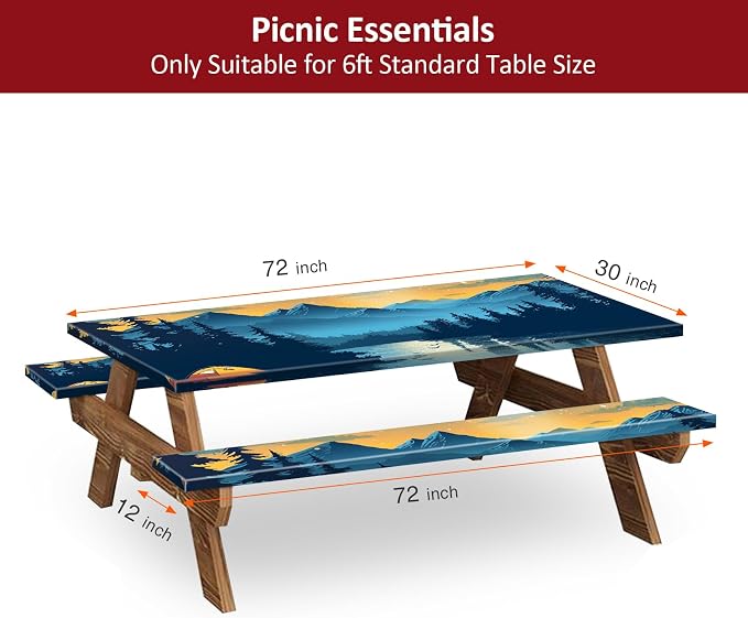 6ft 72in Picnic Table and Bench Cover, 3 Pack, Lakeside Ember | Drawstring Bag, Waterproof Windproof, Elastic Fitted Edges Tablecloth, for Rectangle Table & Seat, Camping Essentials RV Gear