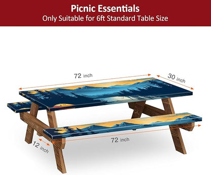 6ft 72in Picnic Table and Bench Cover, 3 Pack, Lakeside Ember | Drawstring Bag, Waterproof Windproof, Elastic Fitted Edges Tablecloth, for Rectangle Table & Seat, Camping Essentials RV Gear