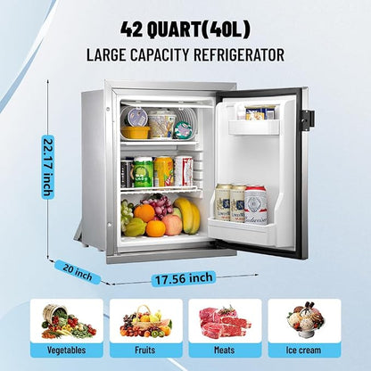 12 Volt RV Refrigerator Built-in Fridge Compressor Refrigerator Mini Fridge with Freezer for Apartment Office Boat Yacht RV Caravan (Silver Stainless Steels, 40L)