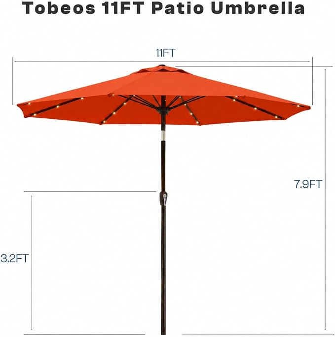 11FT Solar Lighted Patio Umbrella, Outdoor Table Market Umbrellas with Crank Lift, 32 LED Lights, 8 Sturdy Ribs, UV-Resistant for Deck, Garden, Pool