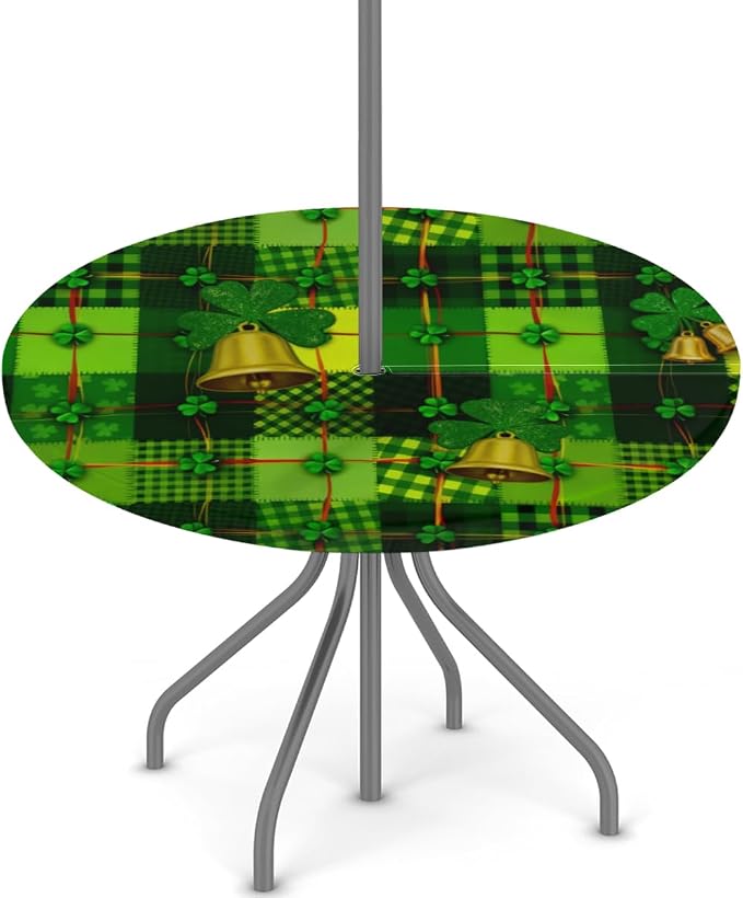 AUUXVA Round Outdoor Tablecloth with Umbrella Hole - Waterproof Patio Table Cover with Zipper Elastic Table Cloth Fits 36"-44" Tables for Party Cafe Garden Decor(St. Patrick's Day Green Leaves)