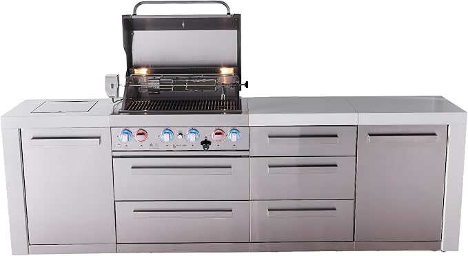 Mont Alpi 107"W x 23"D Deluxe Stainless Steel Premium Modular Outdoor Kitchen Island with Infrared Side Burner + 32"W 4-Burner BBQ Gas Grill + White Granite Countertops + Storage Cabinets + Cover