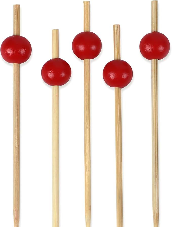 BambooMN Decorative Ball End Cocktail Fruit Sandwich Picks Skewers for Catered Events, Holiday's, Restaurants or Buffets Party Supplies - 4.7" Red, 100 pcs