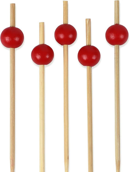 BambooMN Decorative Ball End Cocktail Fruit Sandwich Picks Skewers for Catered Events, Holiday's, Restaurants or Buffets Party Supplies - 4.7" Red, 100 pcs