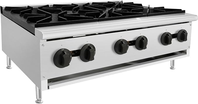 Commercial Gas Countertop Hot Plate Stove,Natural Propane Convertible Burner with Manual Control Valves,Standing Pilot Ignition,Cast Iron Grates,Adjustable Legs for Foodservice Prep (Silver,6 Burner)