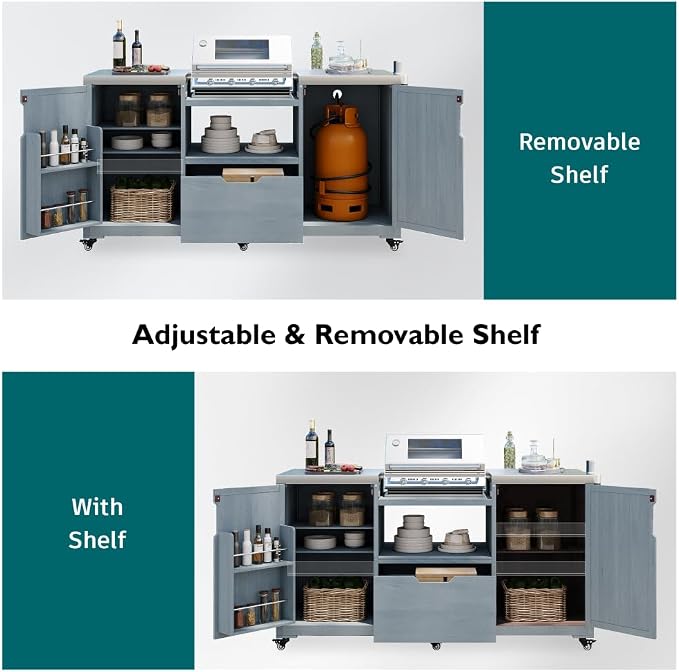 66.5" Outdoor Kitchen Island with Stainless Top & Rolling | Adjustable shelves,lockable wheels,storage cabinet,sturdy stainless top,space-saving for patio/backyard/outdoor,easy assembly