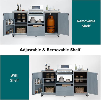 66.5" Outdoor Kitchen Island with Stainless Top & Rolling | Adjustable shelves,lockable wheels,storage cabinet,sturdy stainless top,space-saving for patio/backyard/outdoor,easy assembly
