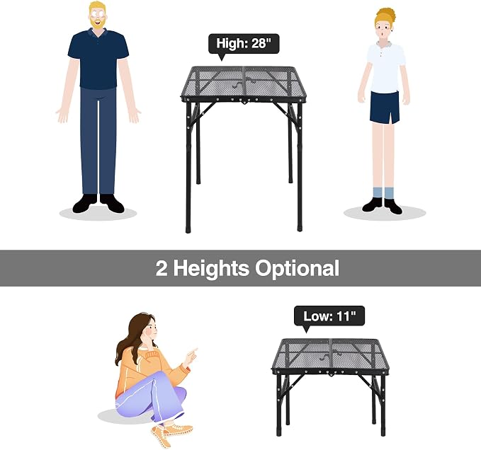 Portable Grill Table for Outside, Aluminum Square Folding Grill Stand Table for Outdoor Camping Picnic BBQ, Lightweight Adjustable Height, 24"x24", Black