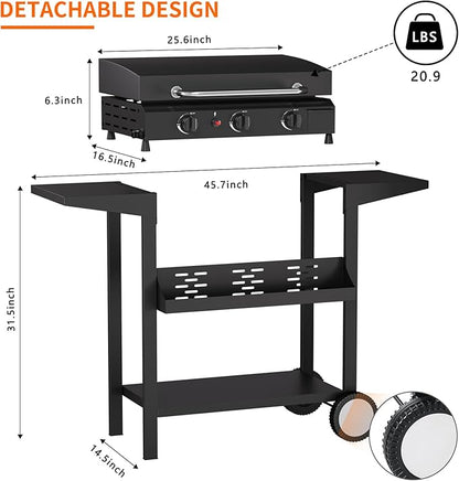SKOK 3 Burner Gas Griddle With Hood-25.6 Inch Outdoor Propane Griddle-Portable Flat Top Gas Grill Camping Griddle Station with Side Shelves for Kitchen, BBQ, Camping Tailgating