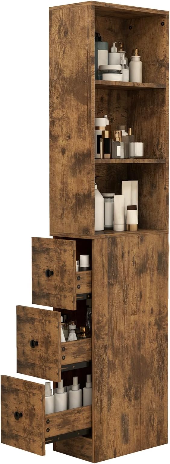 ARTETHYS Storage Cabinet Tall Narrow Bathroom Organizer with 3-Level Adjustable Shelves Slim Free Standing Space Saver for Living Room Kitchen, Rustic
