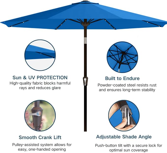 9' Solar LED Patio Umbrella with Tilt & Crank|8 Sturdy Ribs,UV Protection,Outdoor Market Table Umbrella for Deck,Lawn,Pool,Backyard(Royal blue)