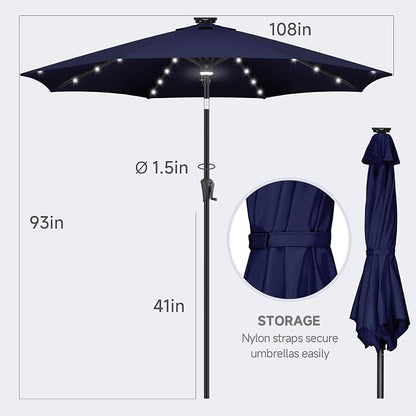 FLAME&SHADE Solar Patio Umbrella with a Centre Light, 9 FT Navy Blue | 40 LED Lights, UV Protection, Waterproof, Porch Deck Outdoor Umbrella for Pool, Backyard, Garden, Provides Evening Lighting