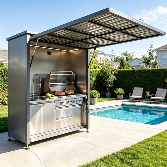 Outdoor Kitchen Pod with 6-Burner Gas Grill & Flip-Up Enclosure, Prefab Outdoor Kitchen BBQ Island with Sink, Storage Cabinet & Outdoor Cooking Station for Patio, Backyard & Entertaining