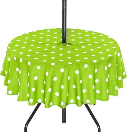 SquarePie 60'' Round Outdoor Tablecloth with Umbrella Hole Waterproof Zippered Table Cloth for Picnic Patio BBQs Backyard, Green Polka Dot