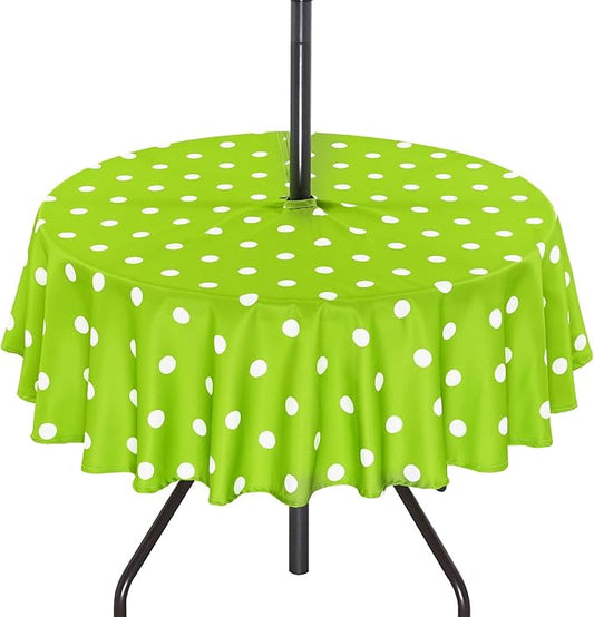 SquarePie 60'' Round Outdoor Tablecloth with Umbrella Hole Waterproof Zippered Table Cloth for Picnic Patio BBQs Backyard, Green Polka Dot