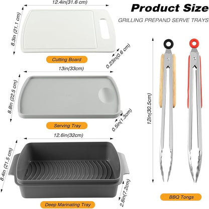 Sunmei Grill Prep and Serving Trays, 3-in-1 Stackable BBQ Food Tray, 5PCS BBQ Serving Set with Marinating Container, Serving Platter, Cutting Board and 2PCS Colored 12-Inch Grill Tongs (Gray)