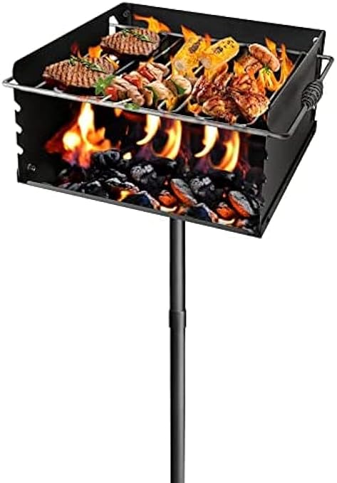 Park-Style Charcoal Grill, Heavy Duty Steel Outdoor BBQ Grill with Grate and Plate, Single Post Carbon Steel Park Grill for BBQ, Camping, Backyard,16x16 Inch