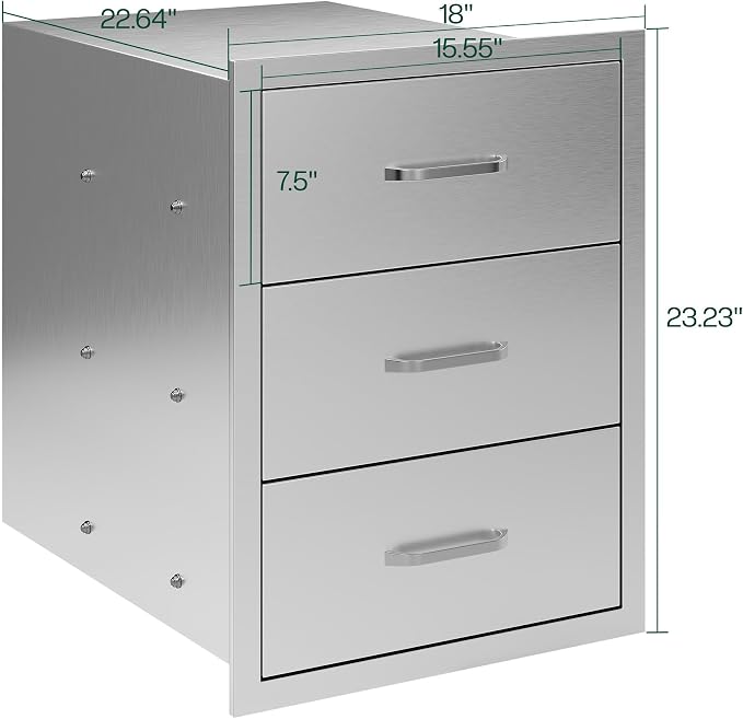 Jocisland 18-Inch Stainless Steel Outdoor Kitchen Drawer Cabinet | 18 W x 23 D x 23 H In, 3-Tier Drawers with Handles and Pull-Out Trays, Built-In BBQ Island Storage