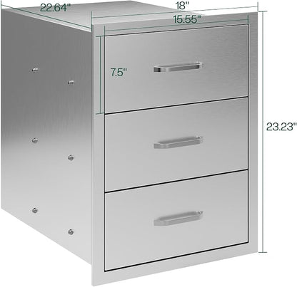 Jocisland 18-Inch Stainless Steel Outdoor Kitchen Drawer Cabinet | 18 W x 23 D x 23 H In, 3-Tier Drawers with Handles and Pull-Out Trays, Built-In BBQ Island Storage
