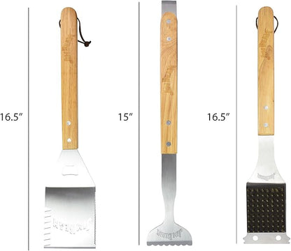 Jim Beam 3-Piece Barbecue Tool Set with Stainless Steel Cleaning Brush, 5-in-1 Spatula and a Pair of Tongs