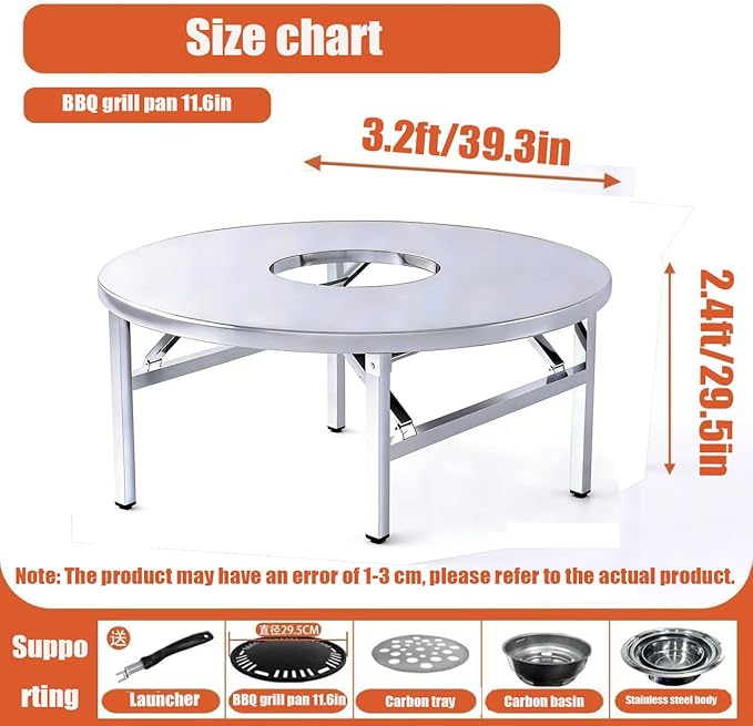 Embedded Stainless Steel Korean Charcoal BBQ Grill Foldable Outdoor Table, Outdoor Barbecue and hot Pot Easy Clean Multifunctional Design Patio Family Party & Restaurant,Circle 3.2ft
